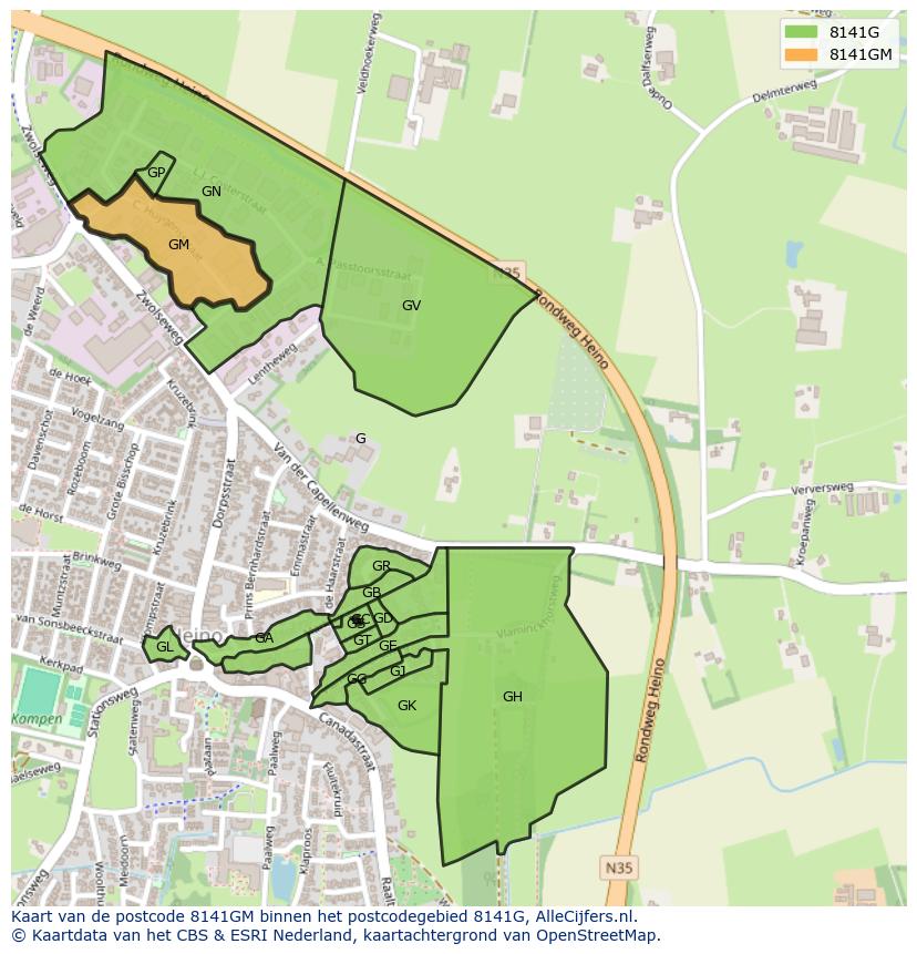 Afbeelding van het postcodegebied 8141 GM op de kaart.