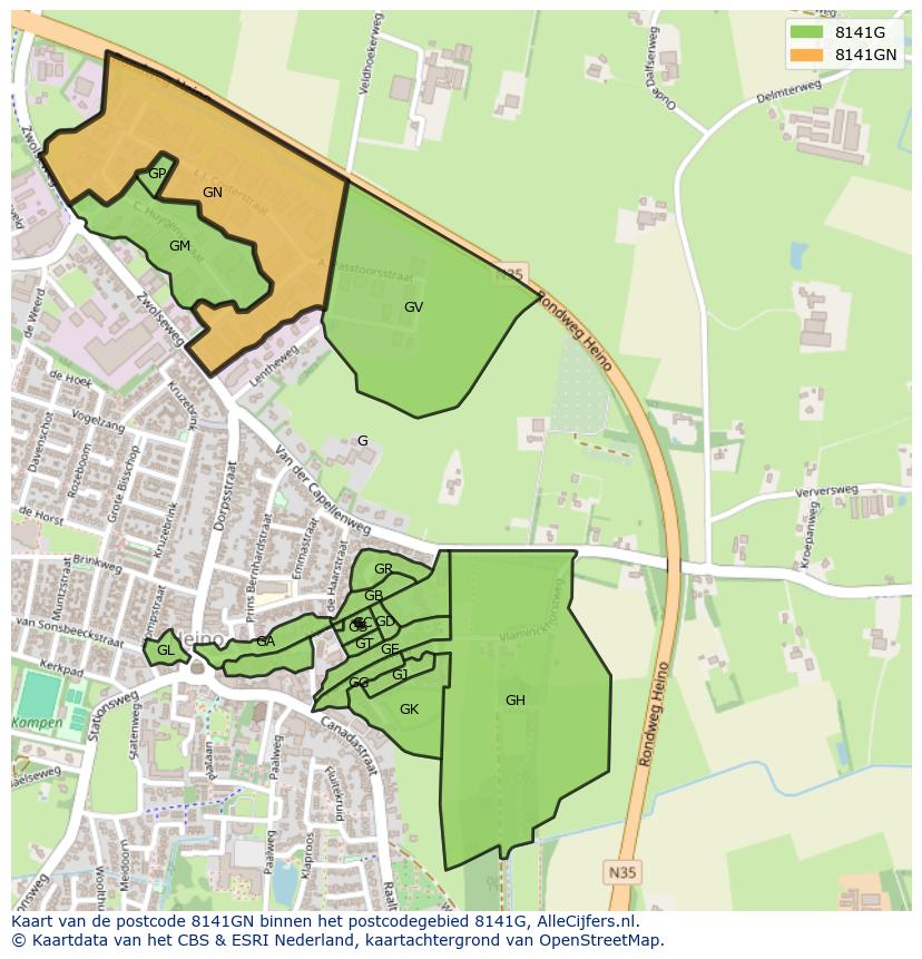 Afbeelding van het postcodegebied 8141 GN op de kaart.