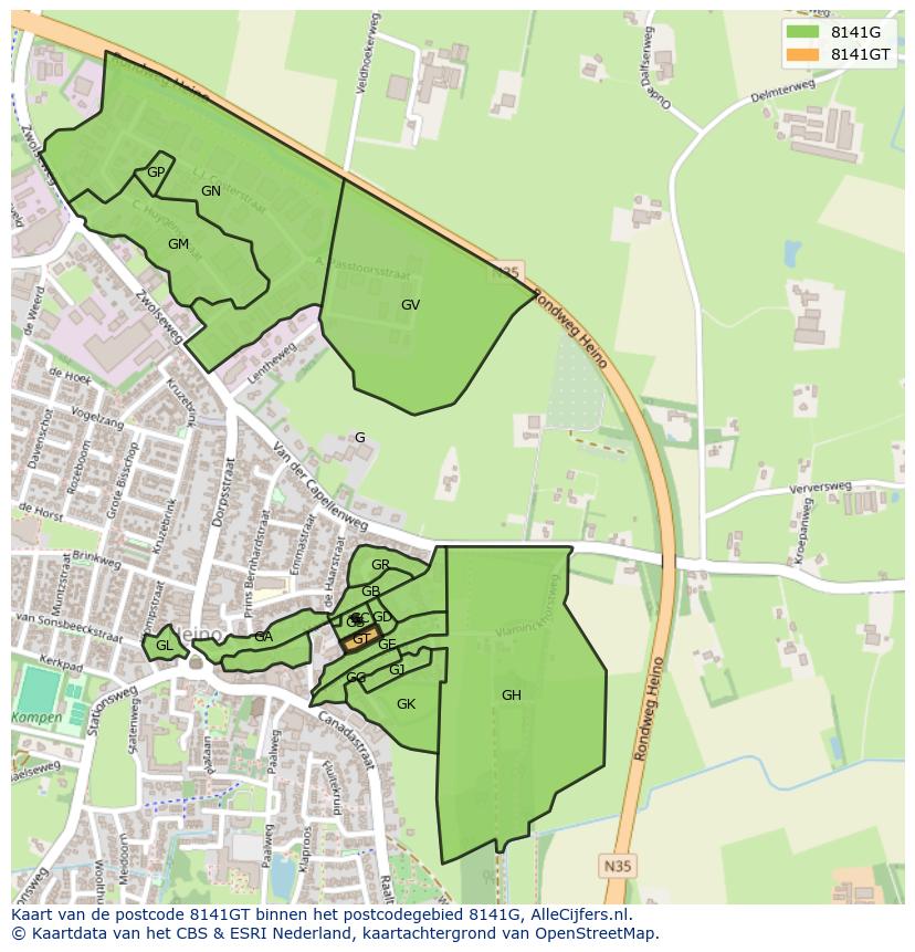 Afbeelding van het postcodegebied 8141 GT op de kaart.