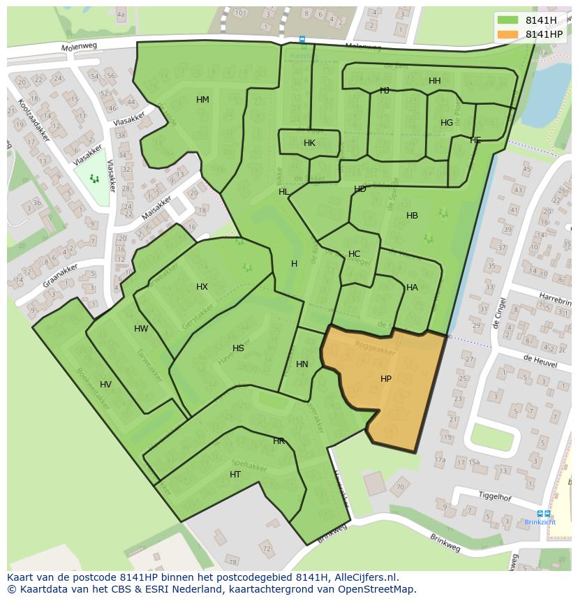 Afbeelding van het postcodegebied 8141 HP op de kaart.