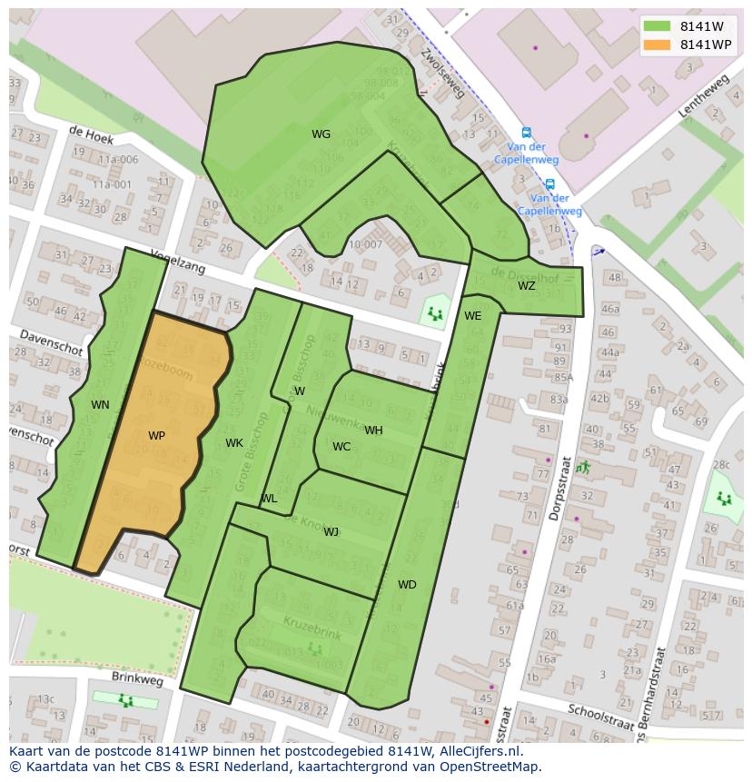 Afbeelding van het postcodegebied 8141 WP op de kaart.
