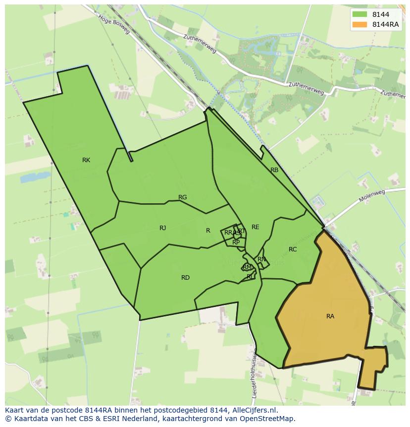 Afbeelding van het postcodegebied 8144 RA op de kaart.