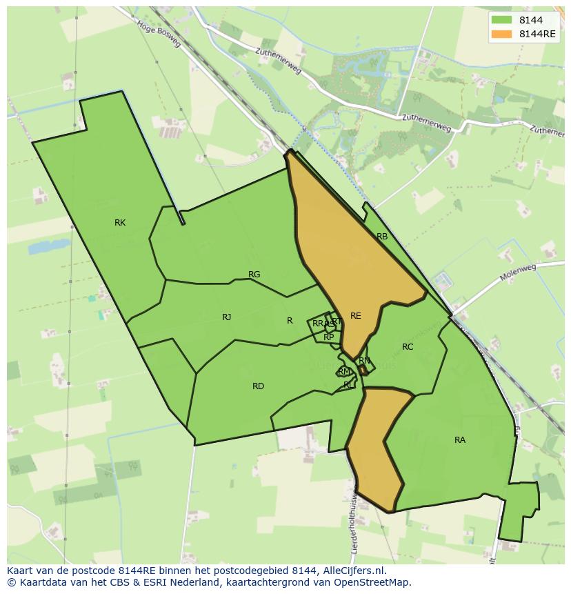 Afbeelding van het postcodegebied 8144 RE op de kaart.