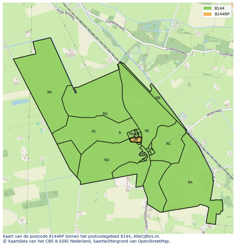 Afbeelding van het postcodegebied 8144 RP op de kaart.