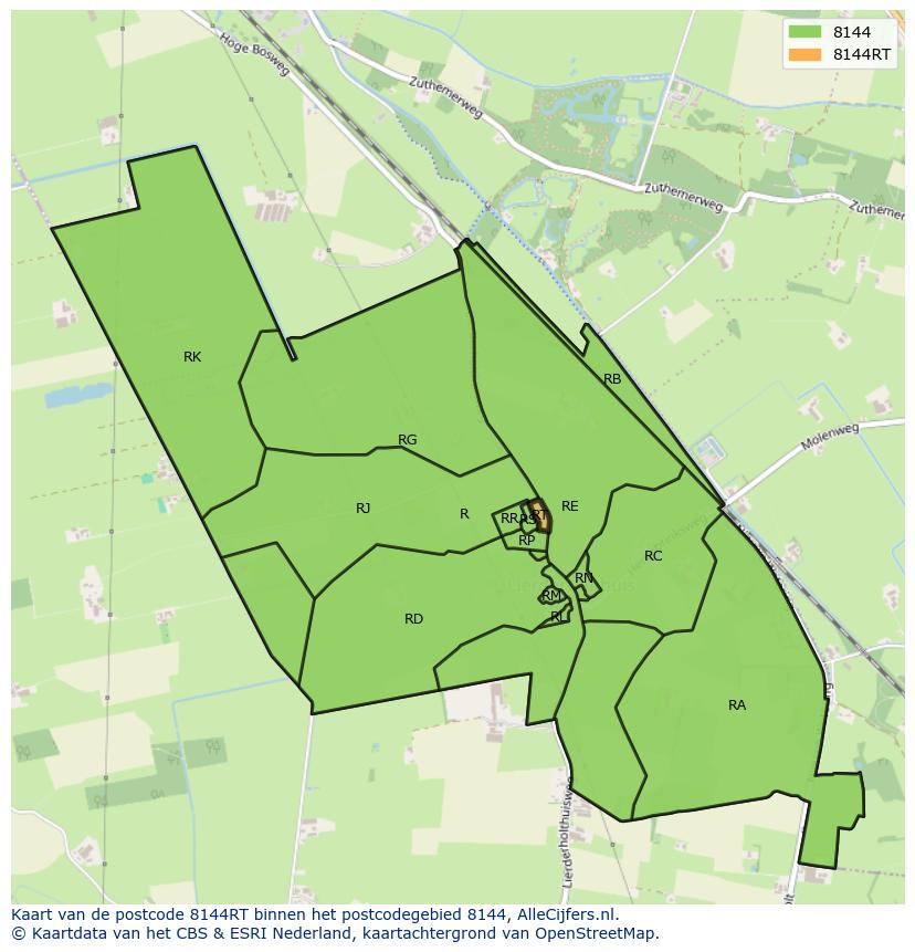 Afbeelding van het postcodegebied 8144 RT op de kaart.