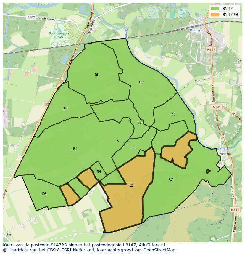 Afbeelding van het postcodegebied 8147 RB op de kaart.