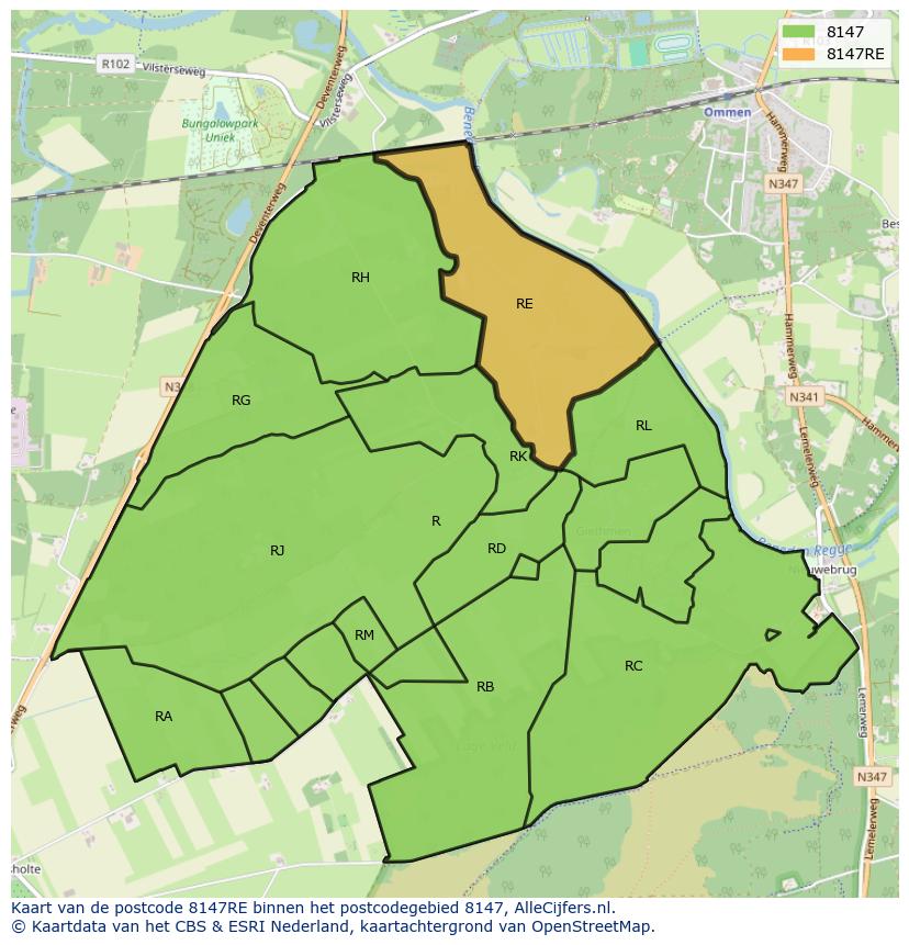 Afbeelding van het postcodegebied 8147 RE op de kaart.
