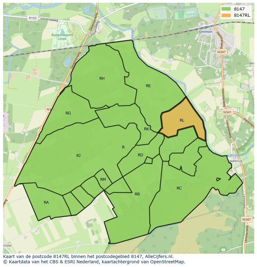 Afbeelding van het postcodegebied 8147 RL op de kaart.