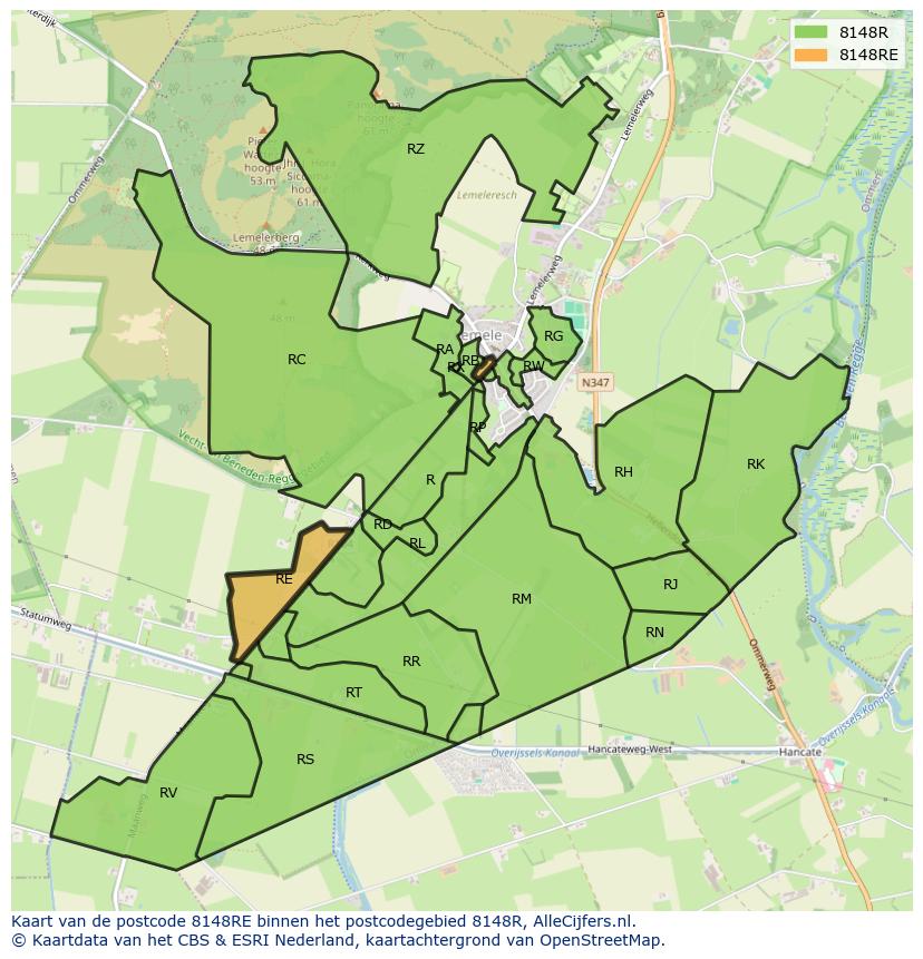 Afbeelding van het postcodegebied 8148 RE op de kaart.