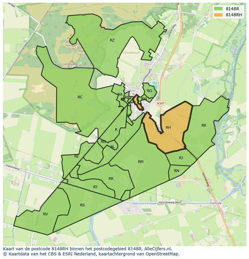 Afbeelding van het postcodegebied 8148 RH op de kaart.