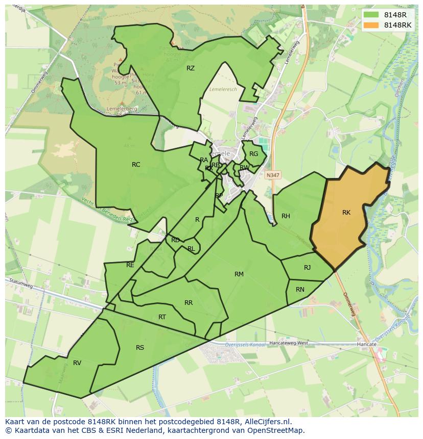 Afbeelding van het postcodegebied 8148 RK op de kaart.