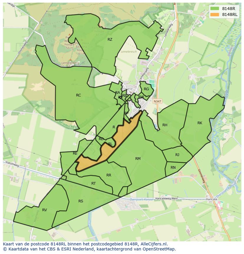 Afbeelding van het postcodegebied 8148 RL op de kaart.