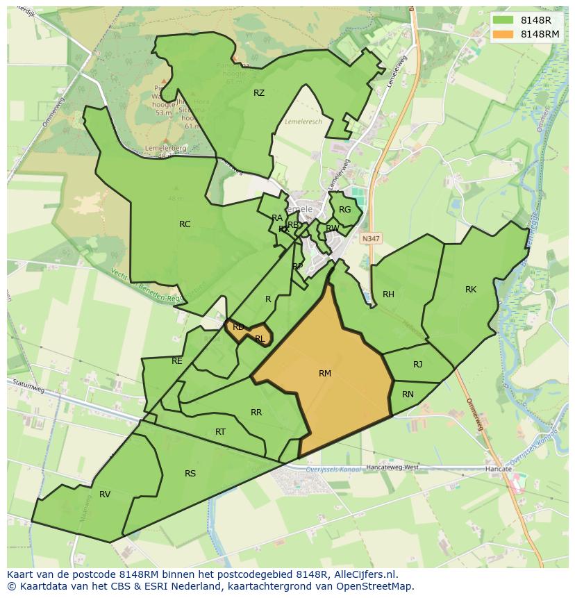 Afbeelding van het postcodegebied 8148 RM op de kaart.