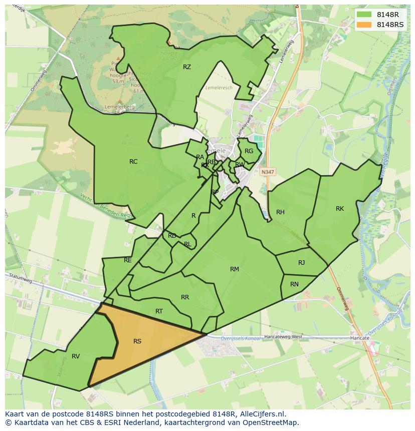 Afbeelding van het postcodegebied 8148 RS op de kaart.