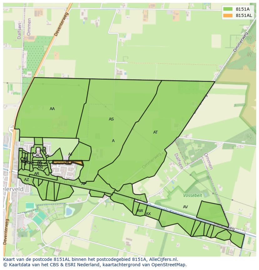 Afbeelding van het postcodegebied 8151 AL op de kaart.
