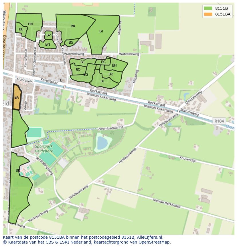 Afbeelding van het postcodegebied 8151 BA op de kaart.