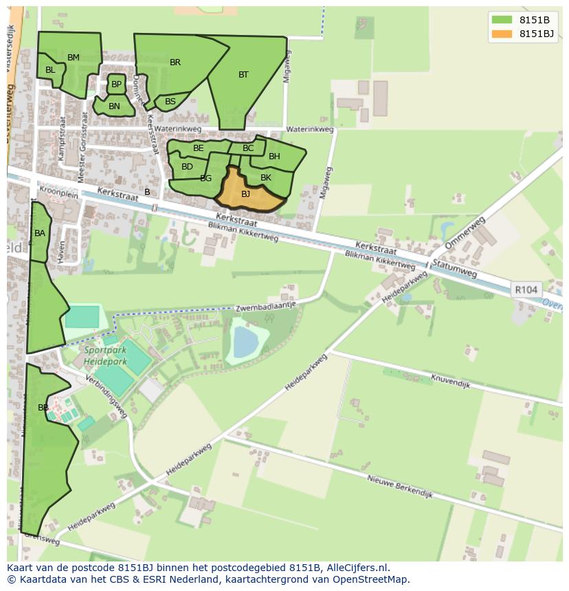 Afbeelding van het postcodegebied 8151 BJ op de kaart.