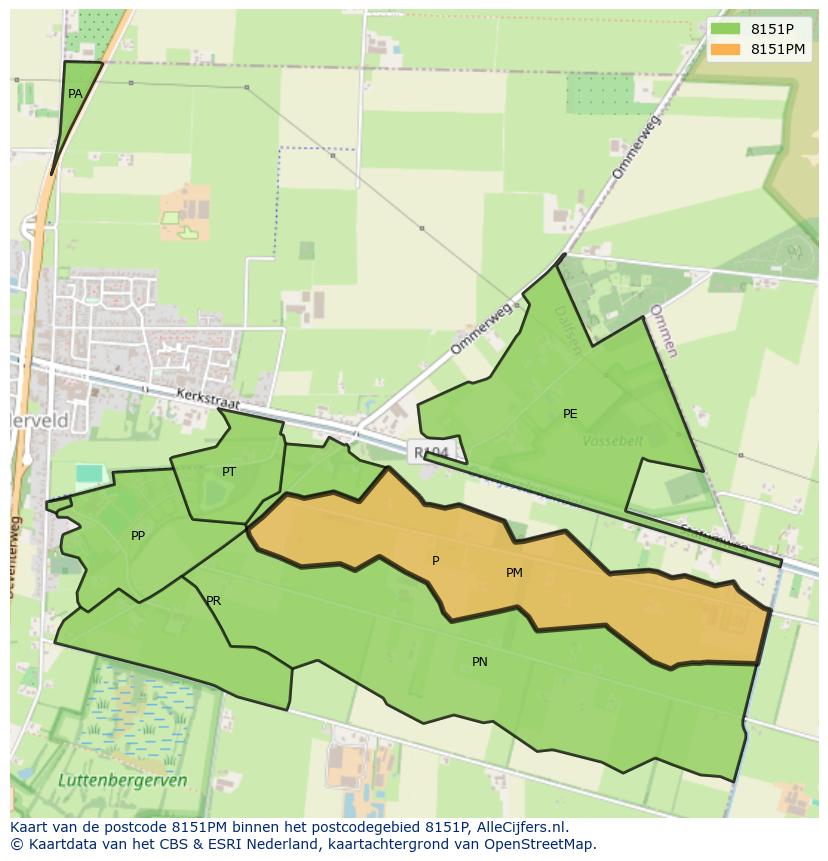 Afbeelding van het postcodegebied 8151 PM op de kaart.