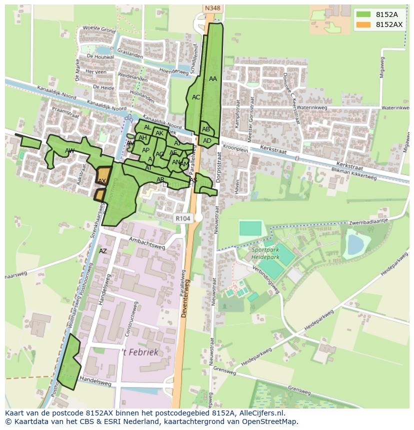 Afbeelding van het postcodegebied 8152 AX op de kaart.