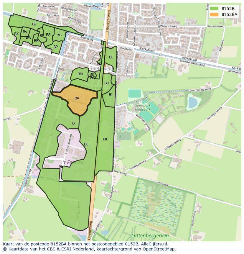 Afbeelding van het postcodegebied 8152 BA op de kaart.