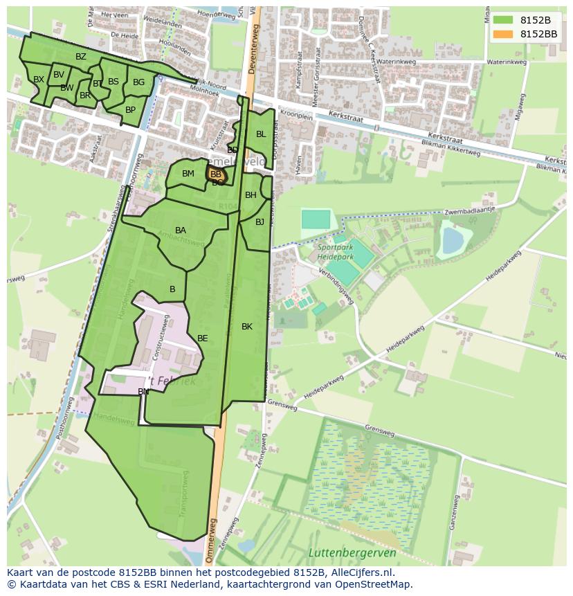 Afbeelding van het postcodegebied 8152 BB op de kaart.
