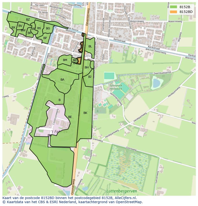 Afbeelding van het postcodegebied 8152 BD op de kaart.