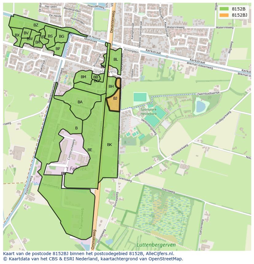 Afbeelding van het postcodegebied 8152 BJ op de kaart.