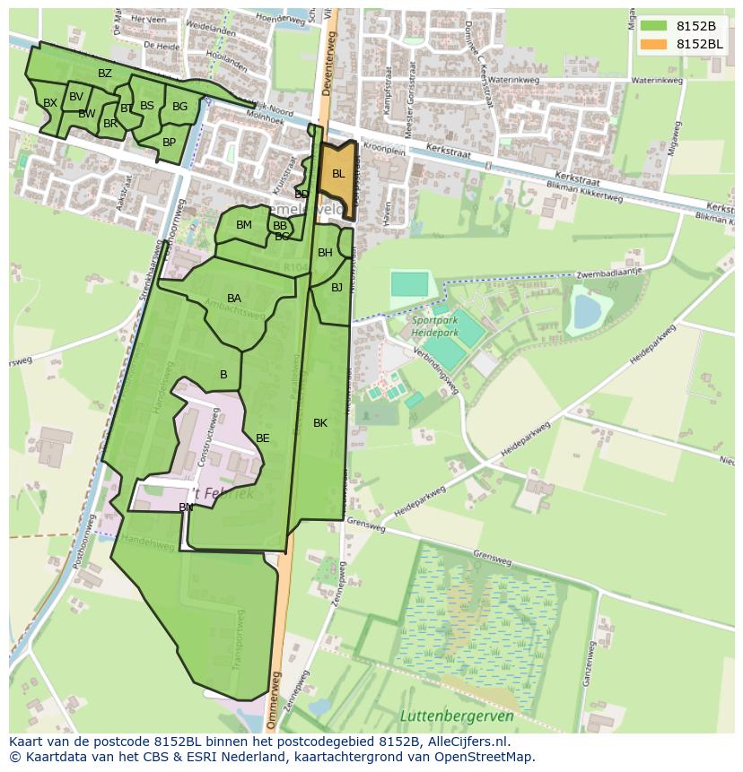 Afbeelding van het postcodegebied 8152 BL op de kaart.