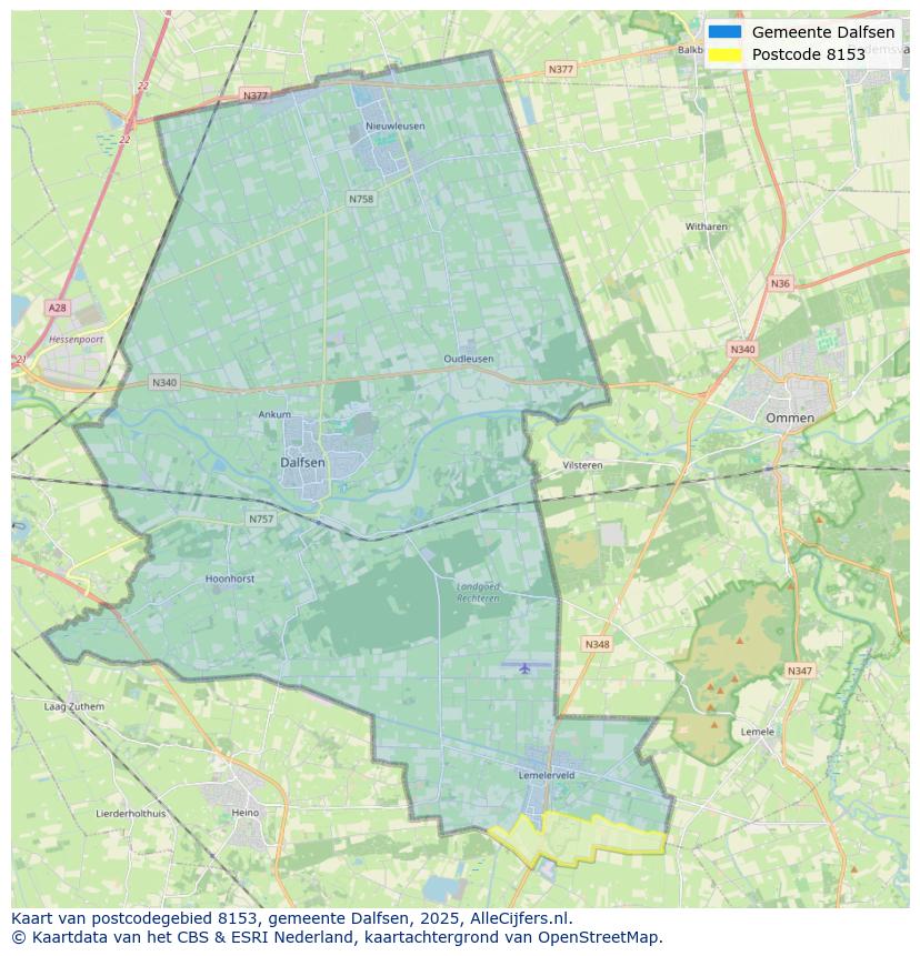 Afbeelding van het postcodegebied 8153 op de kaart.