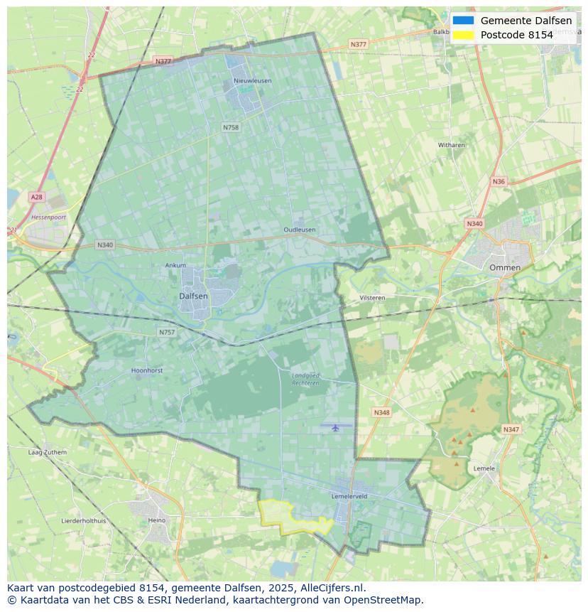 Afbeelding van het postcodegebied 8154 op de kaart.