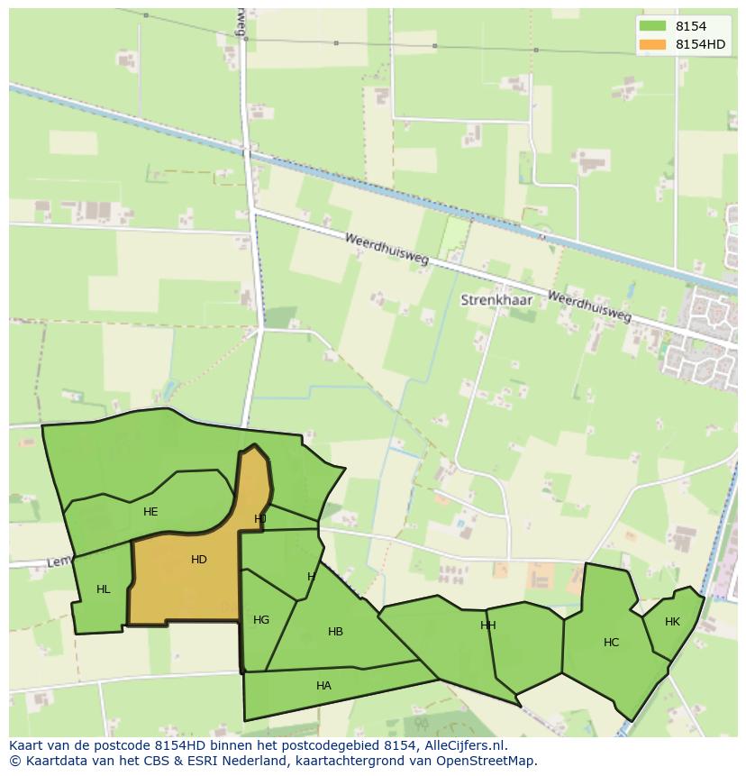 Afbeelding van het postcodegebied 8154 HD op de kaart.