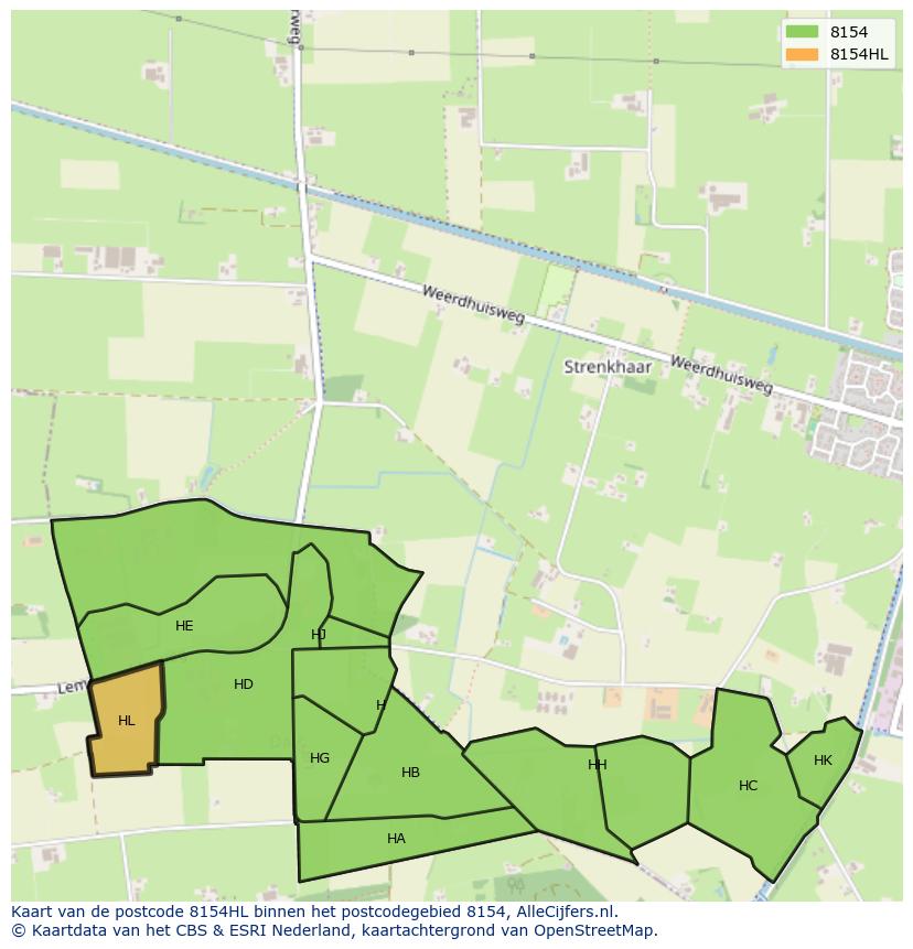 Afbeelding van het postcodegebied 8154 HL op de kaart.