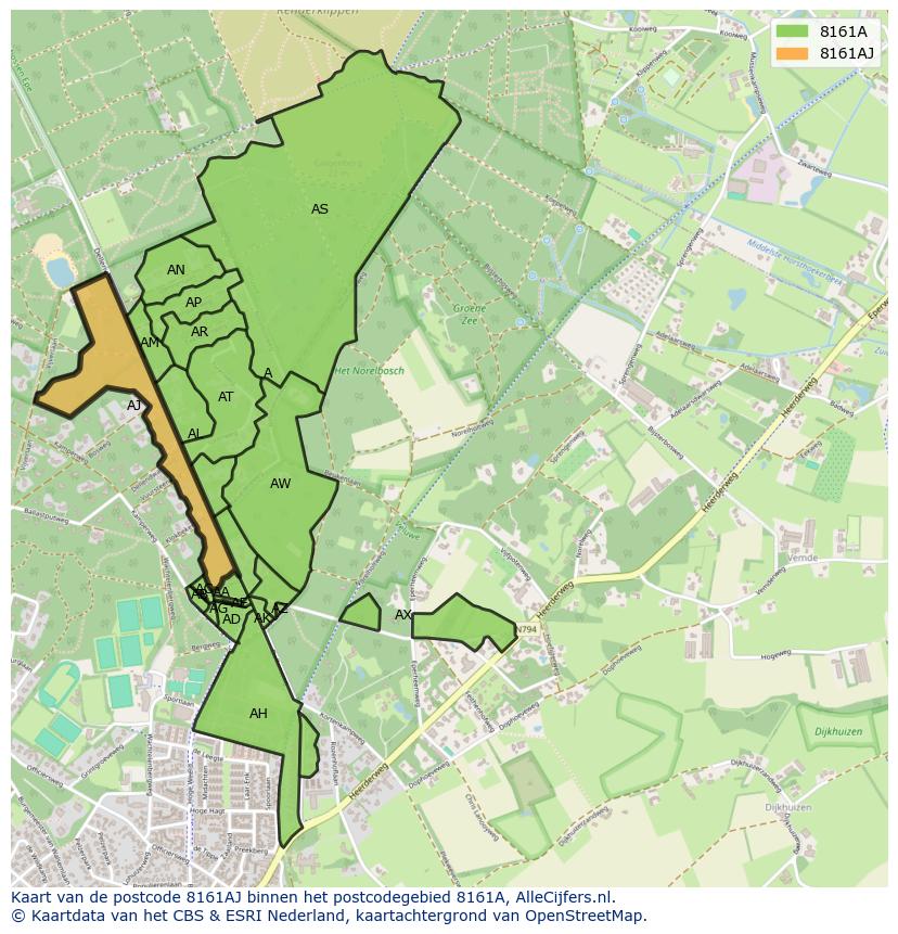 Afbeelding van het postcodegebied 8161 AJ op de kaart.