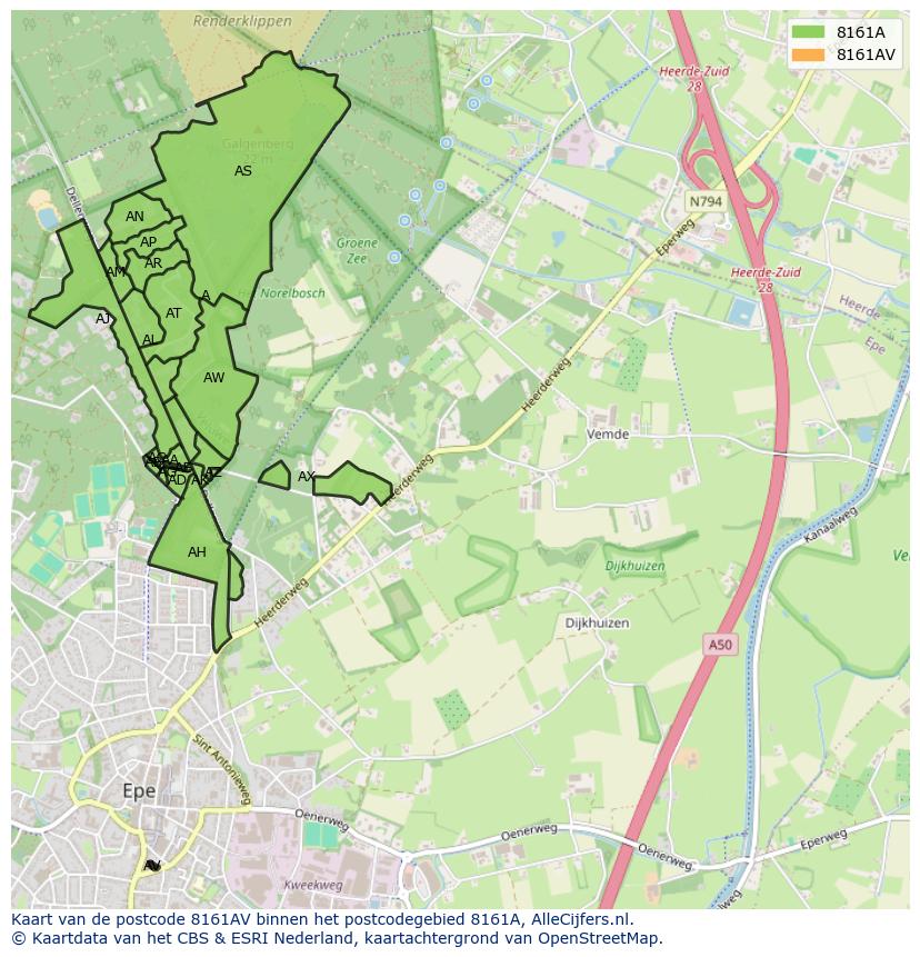 Afbeelding van het postcodegebied 8161 AV op de kaart.