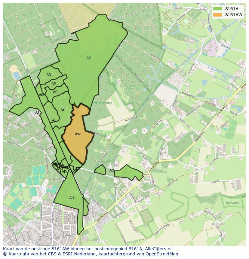 Afbeelding van het postcodegebied 8161 AW op de kaart.