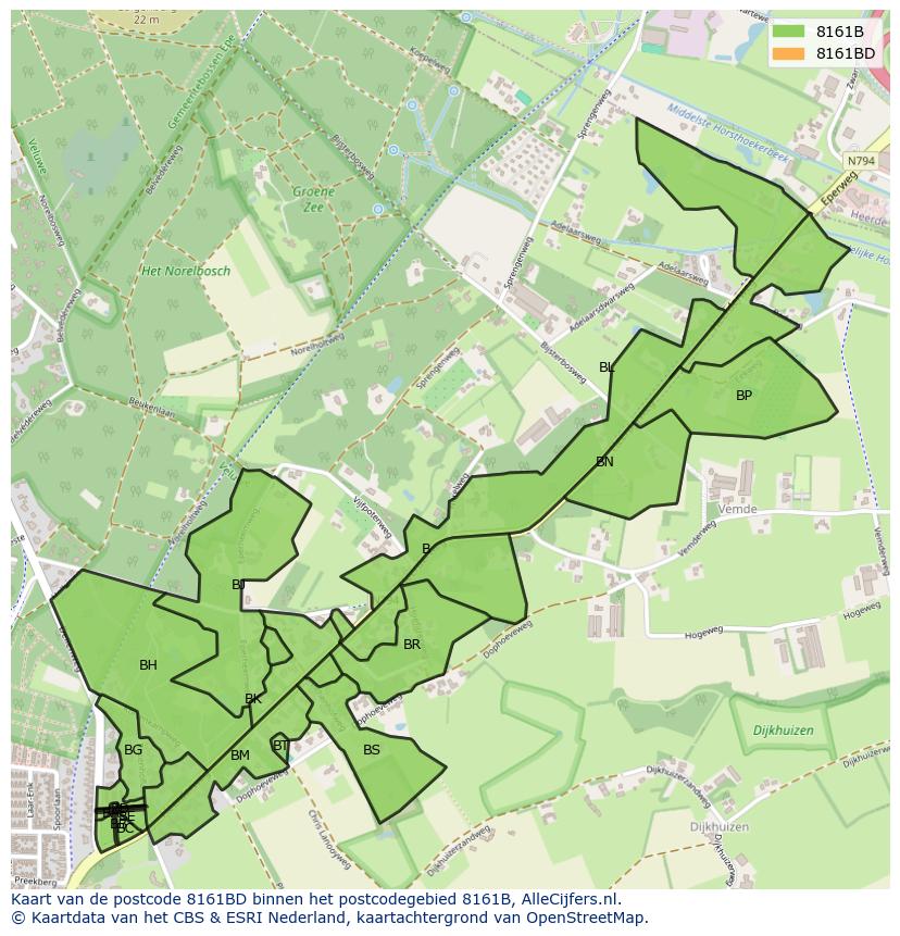 Afbeelding van het postcodegebied 8161 BD op de kaart.