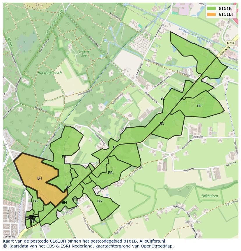 Afbeelding van het postcodegebied 8161 BH op de kaart.
