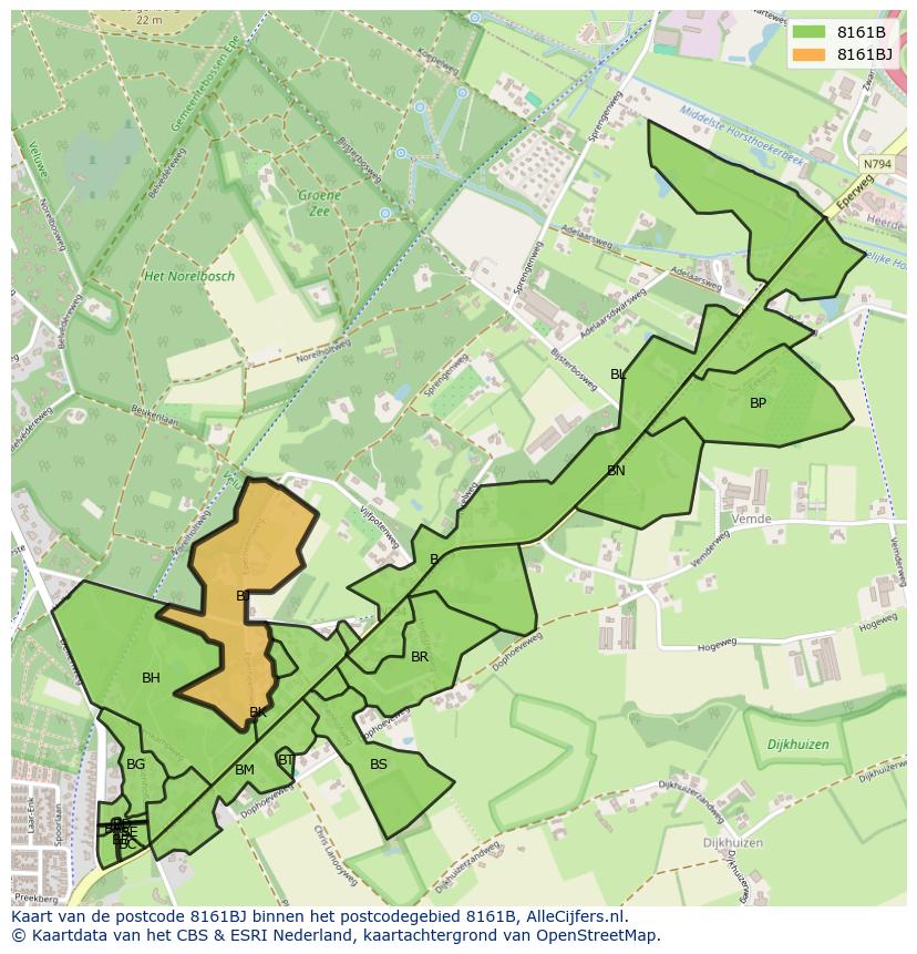 Afbeelding van het postcodegebied 8161 BJ op de kaart.