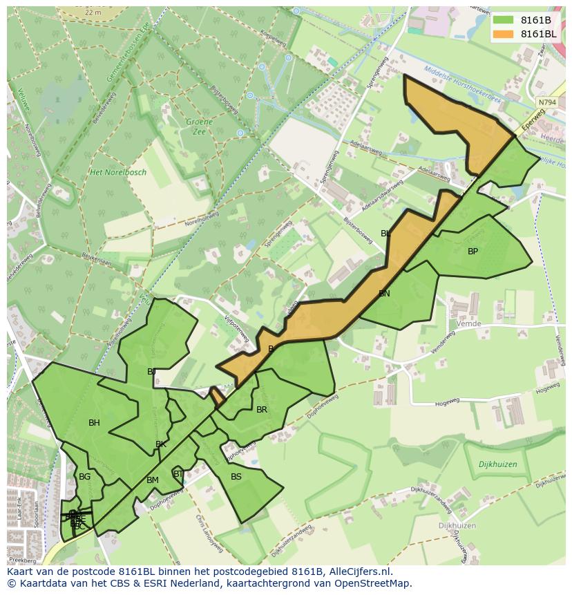 Afbeelding van het postcodegebied 8161 BL op de kaart.