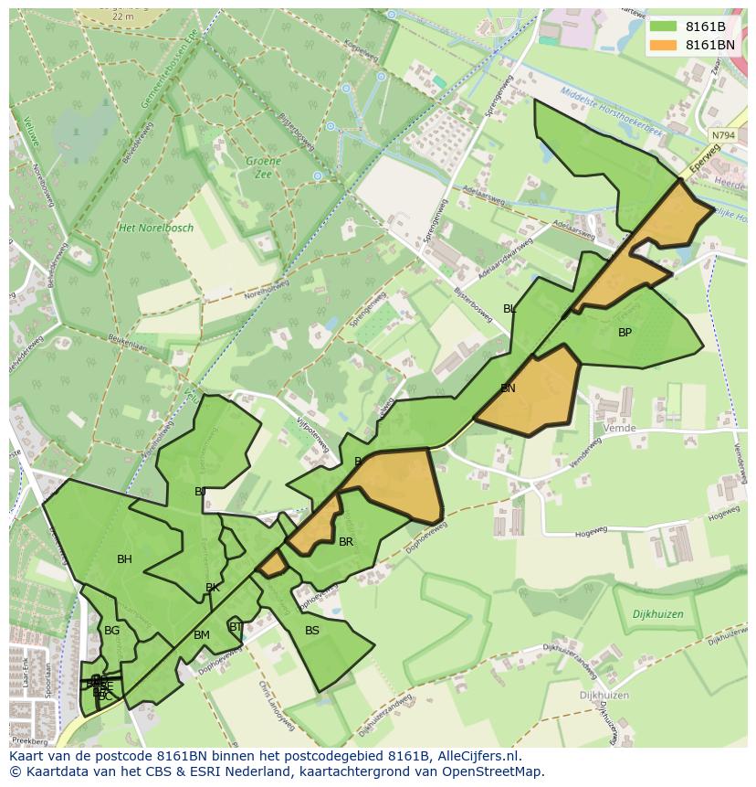 Afbeelding van het postcodegebied 8161 BN op de kaart.