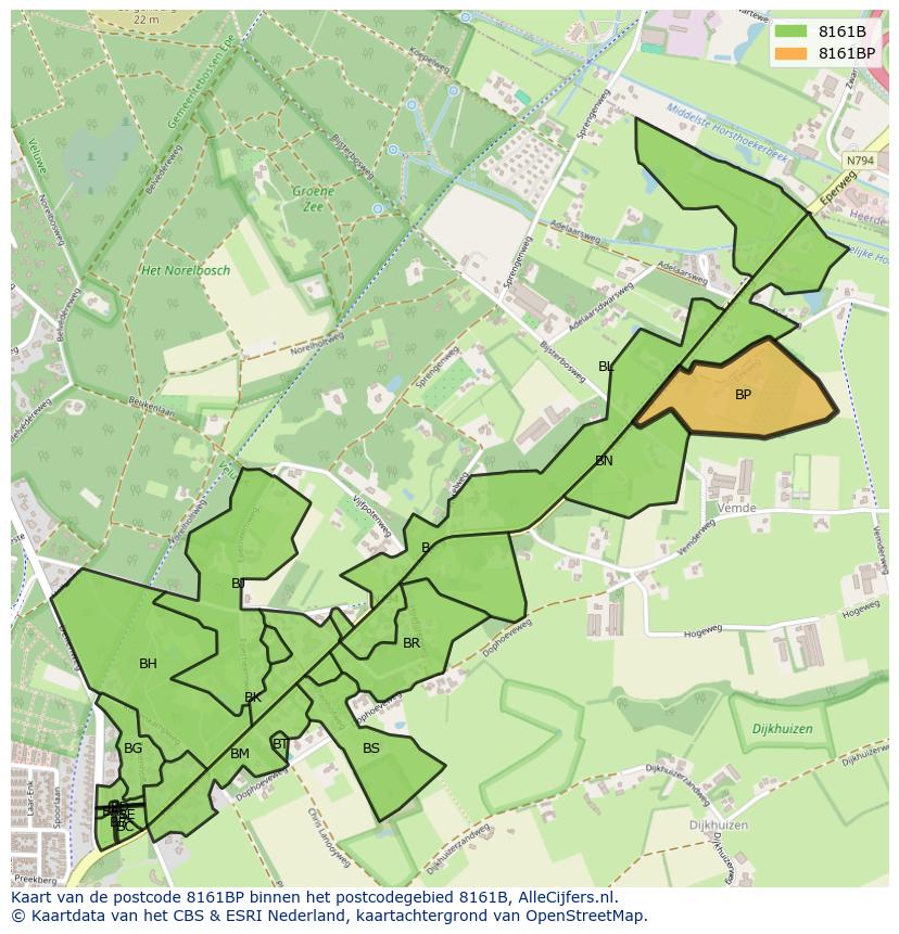 Afbeelding van het postcodegebied 8161 BP op de kaart.