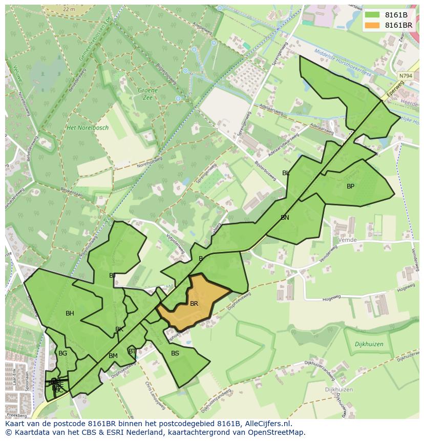 Afbeelding van het postcodegebied 8161 BR op de kaart.