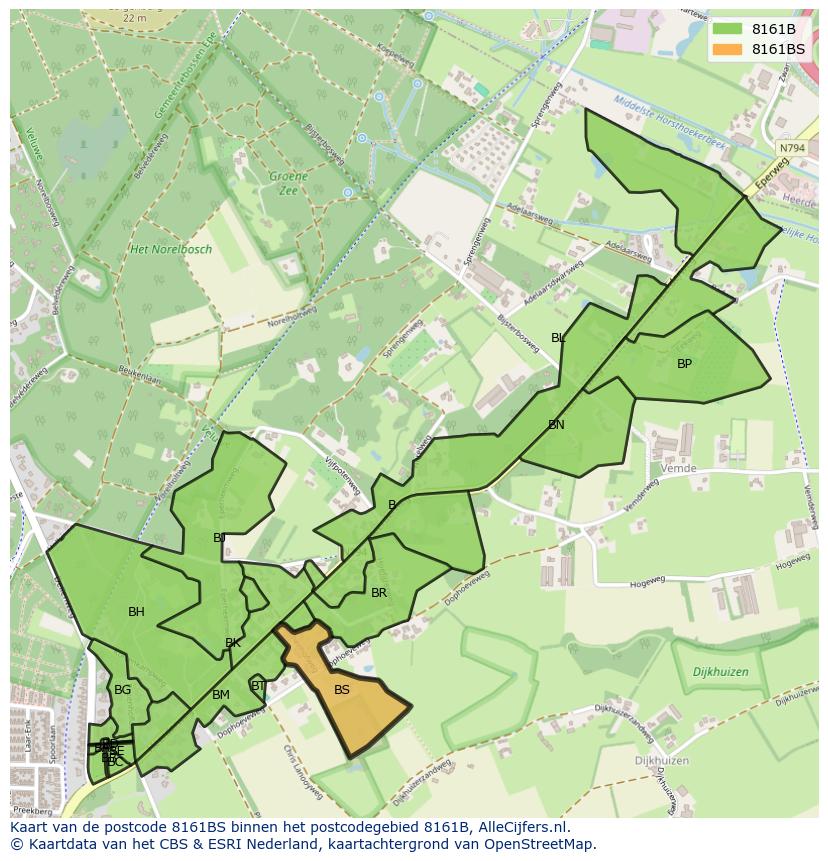 Afbeelding van het postcodegebied 8161 BS op de kaart.