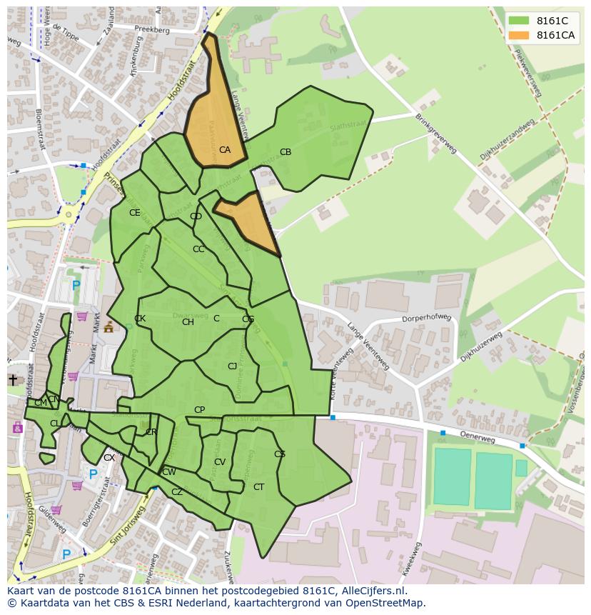 Afbeelding van het postcodegebied 8161 CA op de kaart.