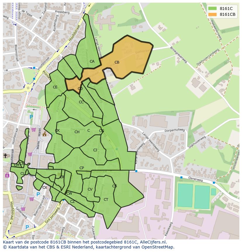 Afbeelding van het postcodegebied 8161 CB op de kaart.