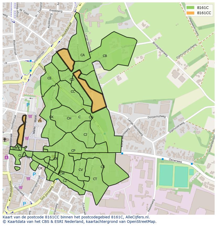Afbeelding van het postcodegebied 8161 CC op de kaart.