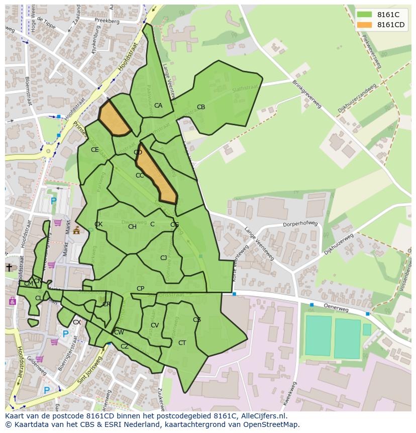Afbeelding van het postcodegebied 8161 CD op de kaart.