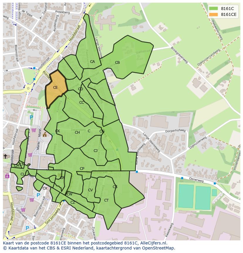 Afbeelding van het postcodegebied 8161 CE op de kaart.