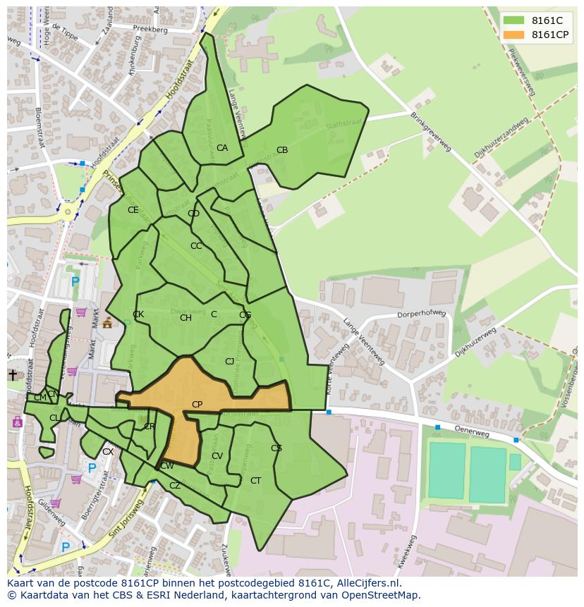 Afbeelding van het postcodegebied 8161 CP op de kaart.