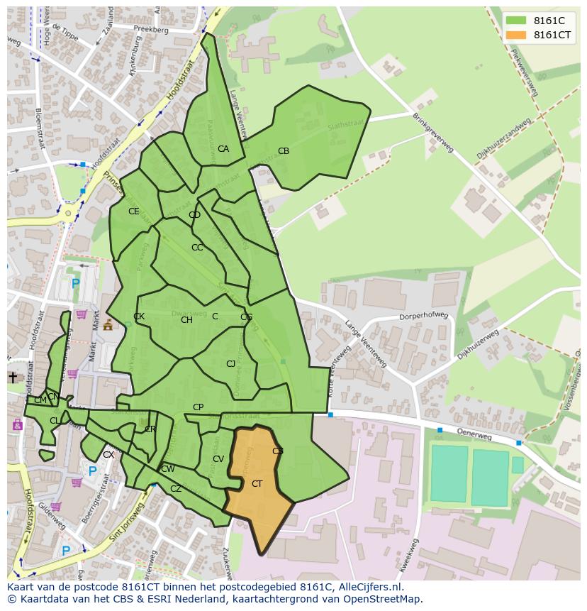 Afbeelding van het postcodegebied 8161 CT op de kaart.
